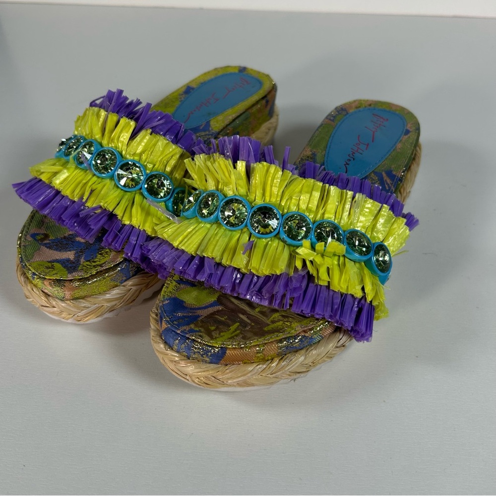 Betsey Johnson Colorful Slide Sandals Size 6 Fringe Rhinestone Boho Festival